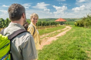 Wanderer auf der Hiwweltour Stadecker. Im Hintergrund der Weinpavillon von Stadecken-Elsheim, © Dominik Ketz/ Rheinhessen-Touristik Wanderer auf der Hiwweltour Stadecker. Im Hintergrund der Weinpavillon von Stadecken-Elsheim, © Dominik Ketz/ Rheinhessen-Touristik