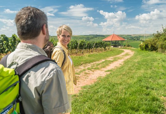 Wanderer auf der Hiwweltour Stadecker. Im Hintergrund der Weinpavillon von Stadecken-Elsheim, &copy; Dominik Ketz/ Rheinhessen-Touristik